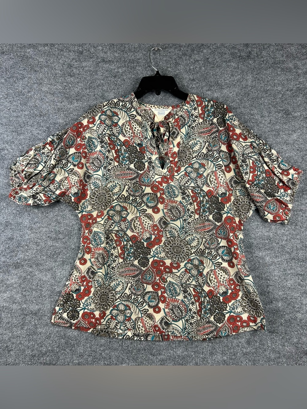 Vintage 70s Sears Paisley Tie Neck Blouse Cottagecore Puff Sleeve Top